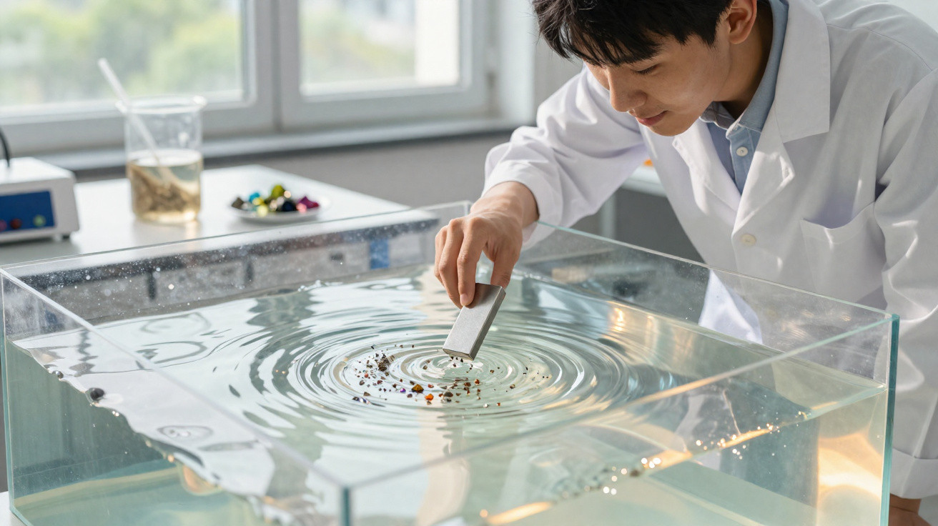 Cientista em bata branca observando as ondas geradas por um íman num tanque de água.