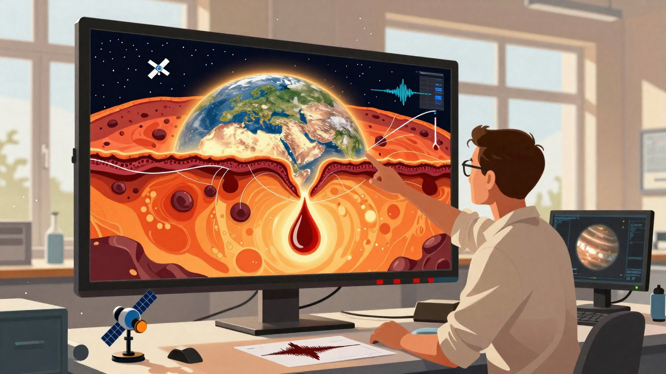 Homem analisa simulação do interior da Terra num ecrã grande, destacando magma e actividade sísmica.