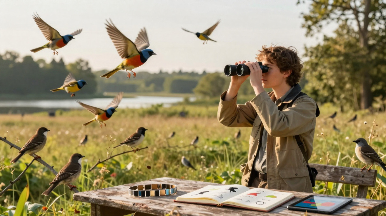 Jovem observa pássaros com binóculos num campo verde, com mesa com caderno e tablet ao ar livre.