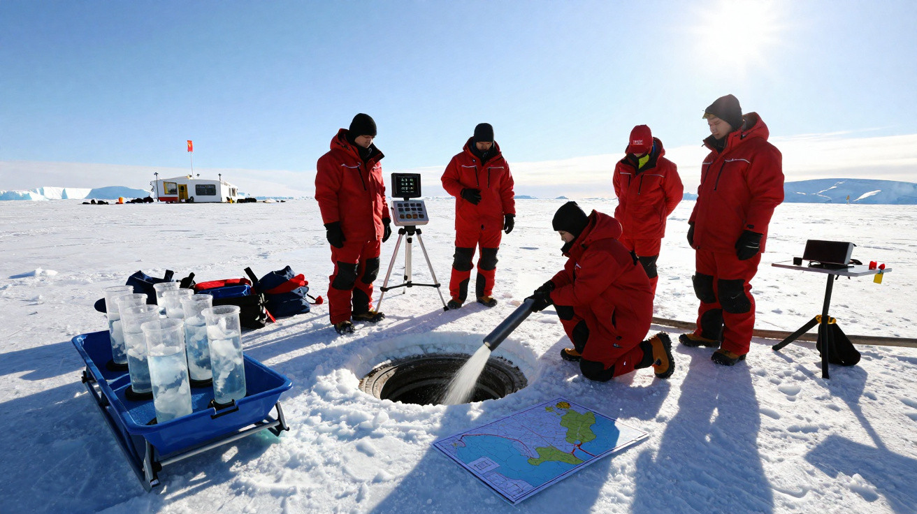 Cinco cientistas com roupas vermelhas a recolher amostras de água num buraco no gelo numa estação polar.
