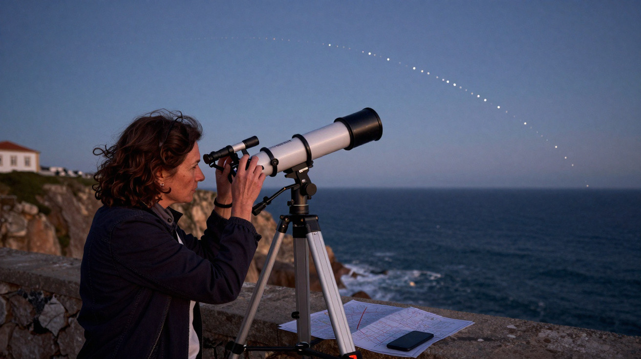 Pessoa observa o céu ao entardecer usando um telescópio junto ao mar com anotações e telemóvel numa parede de pedra.