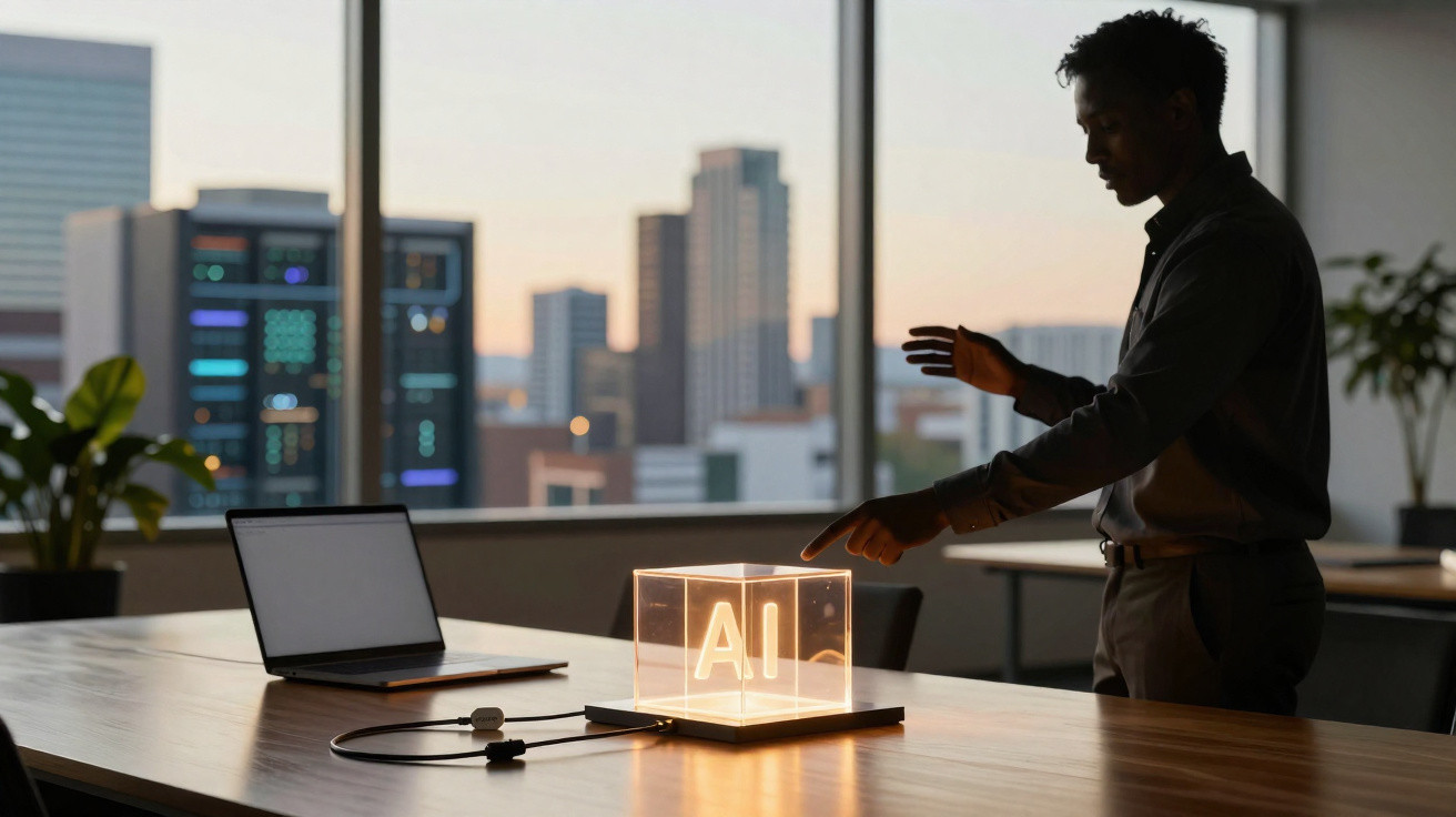 Homem interage com cubo luminoso com as letras "AI" numa sala moderna com vista para arranha-céus ao pôr do sol.