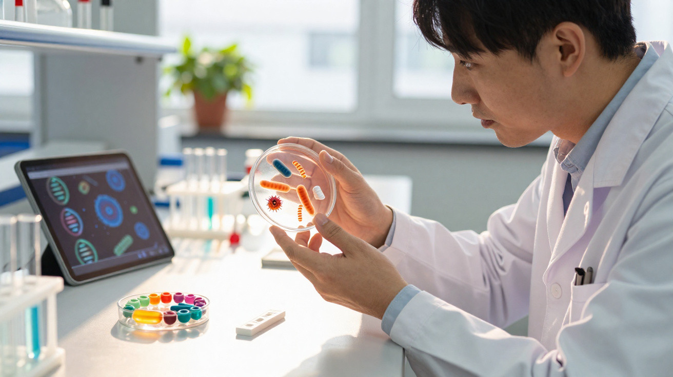 Cientista analisando placa de Petri com bactérias num laboratório moderno com equipamento digital.