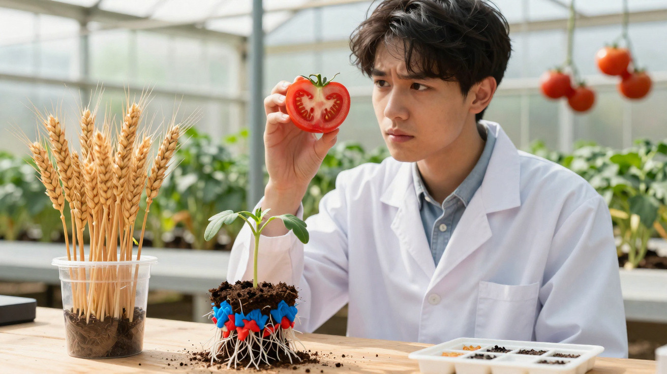 Homem de casaco branco observa meio tomate numa estufa com plantas e sementes sobre a mesa.