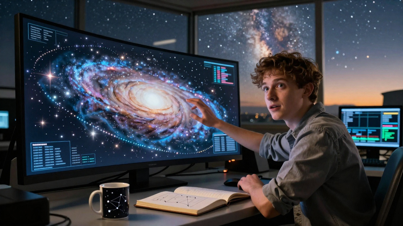Jovem observador aponta para imagem de galáxia espiral no ecrã do computador num observatório à noite.