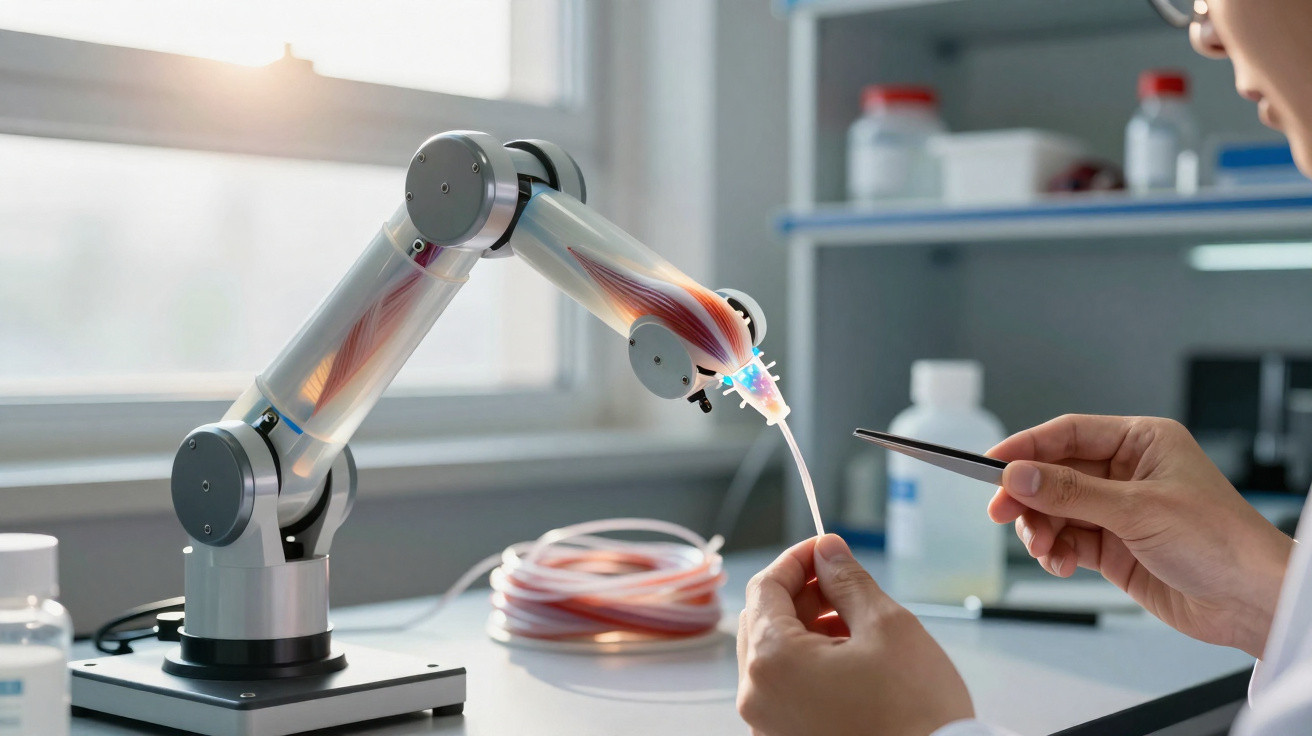 Braço robótico transparente a ser manipulado por uma pessoa numa bancada de laboratório.