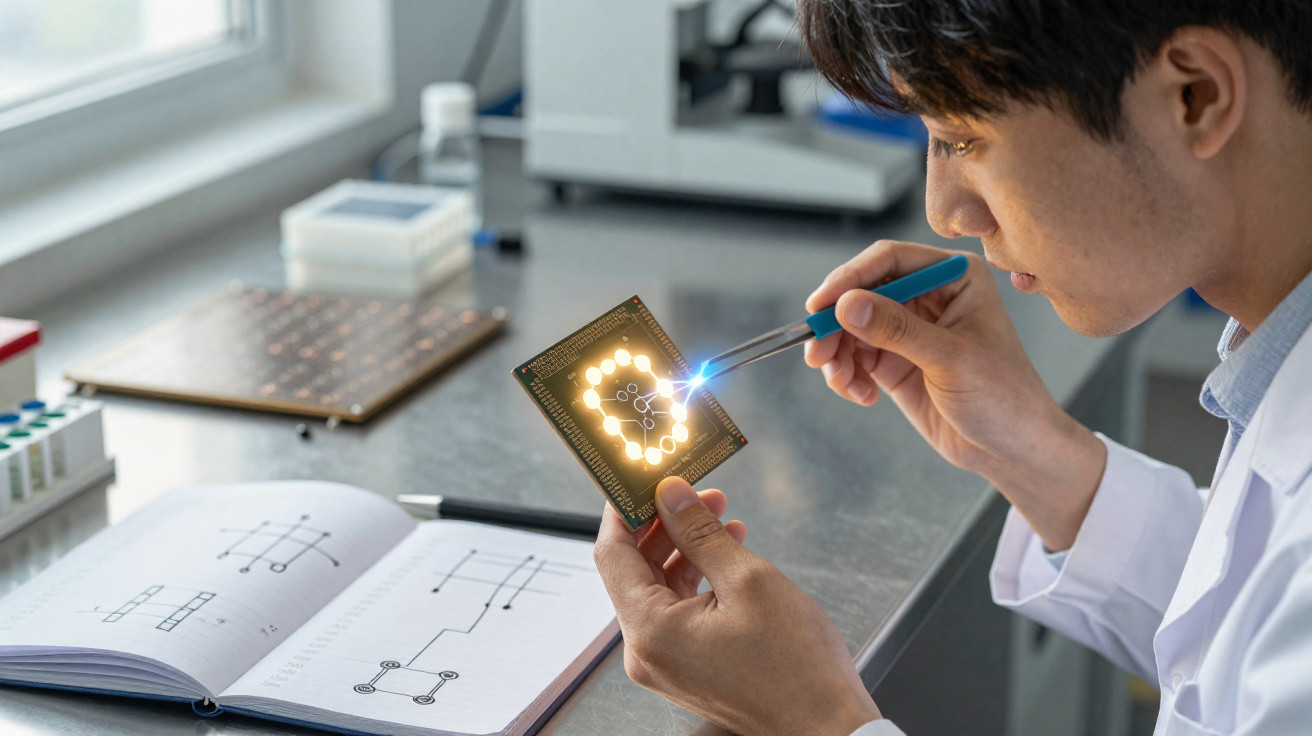 Homem em laboratório analisa microchip com pinça enquanto consulta esquema eletrónico num caderno aberto.