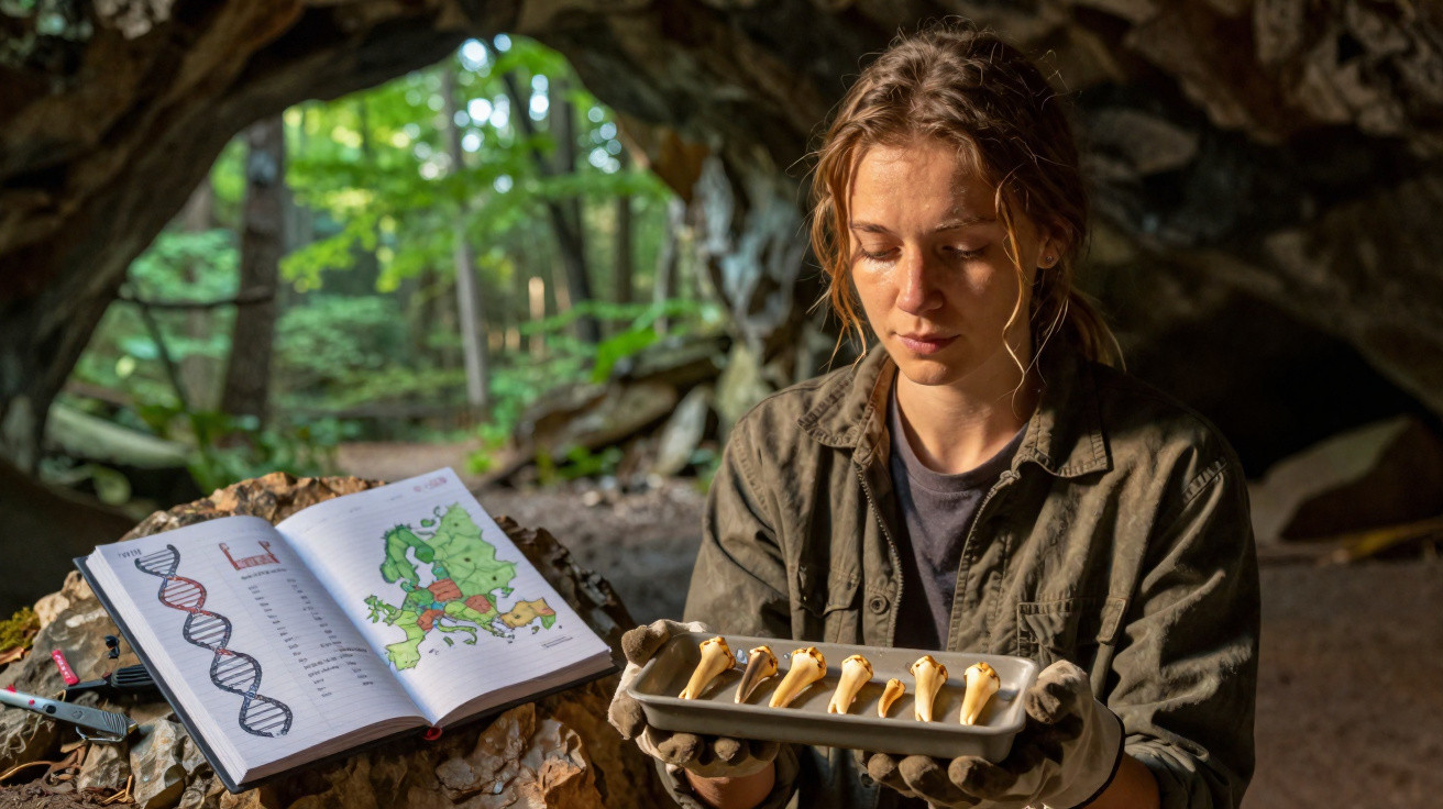 Mulher observa ossos dispostos numa bandeja com livro aberto de mapas e ADN numa gruta florestal.