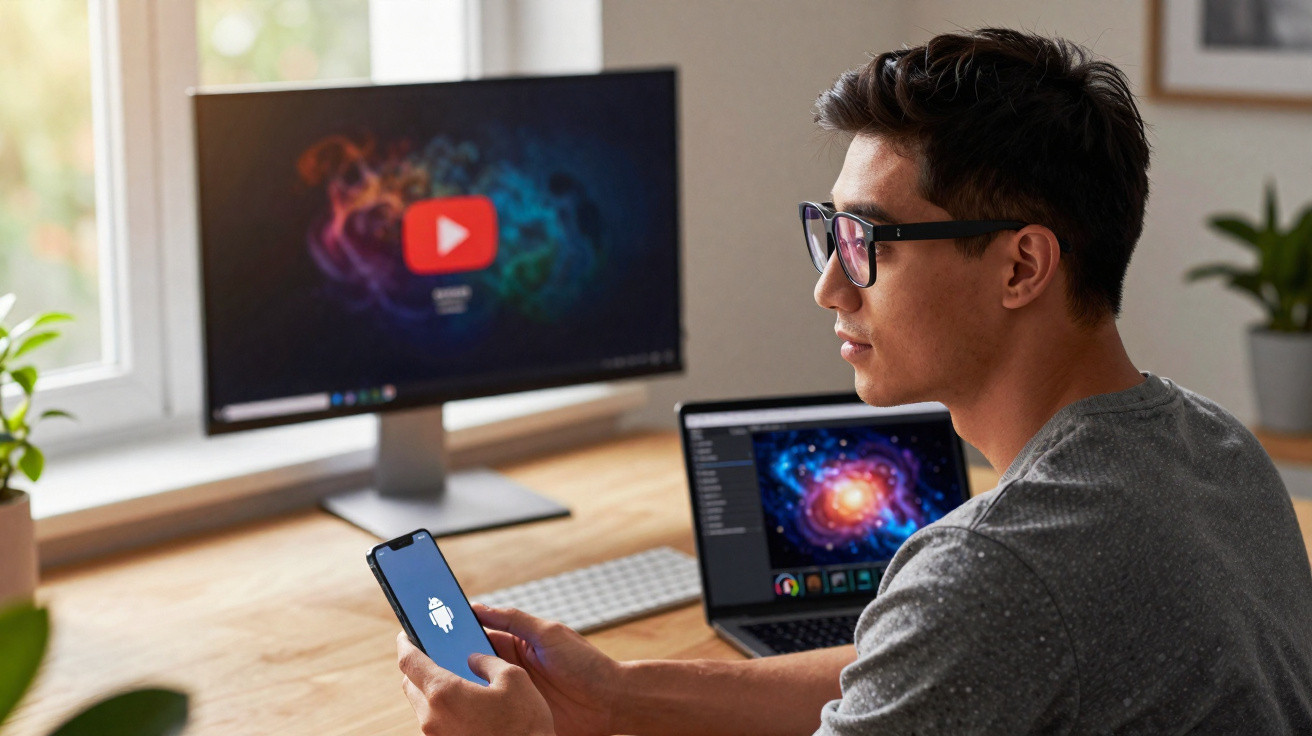 Jovem com óculos sentado numa secretária com telemóvel Android, computador portátil e monitor com logo do YouTube.