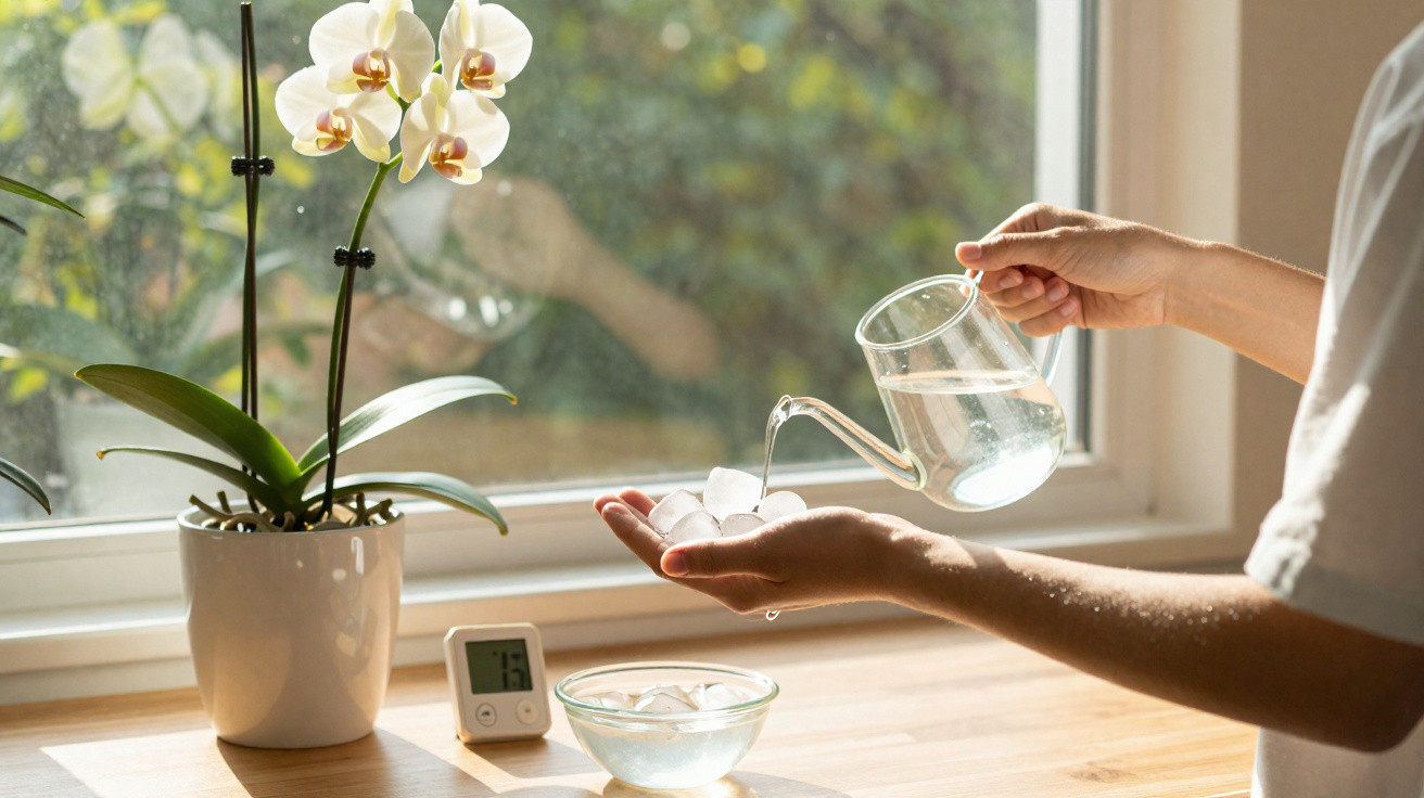 Pessoa a despejar água num copo com cubos de gelo junto a uma janela com orquídea branca e termómetro.