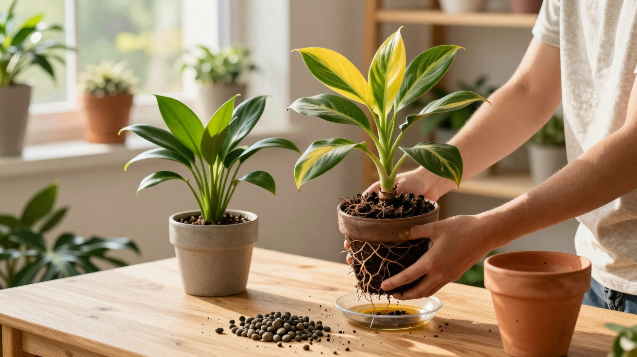 Mãos transplantando planta com folhas verdes e amarelas para vaso num ambiente iluminado e com outras plantas.