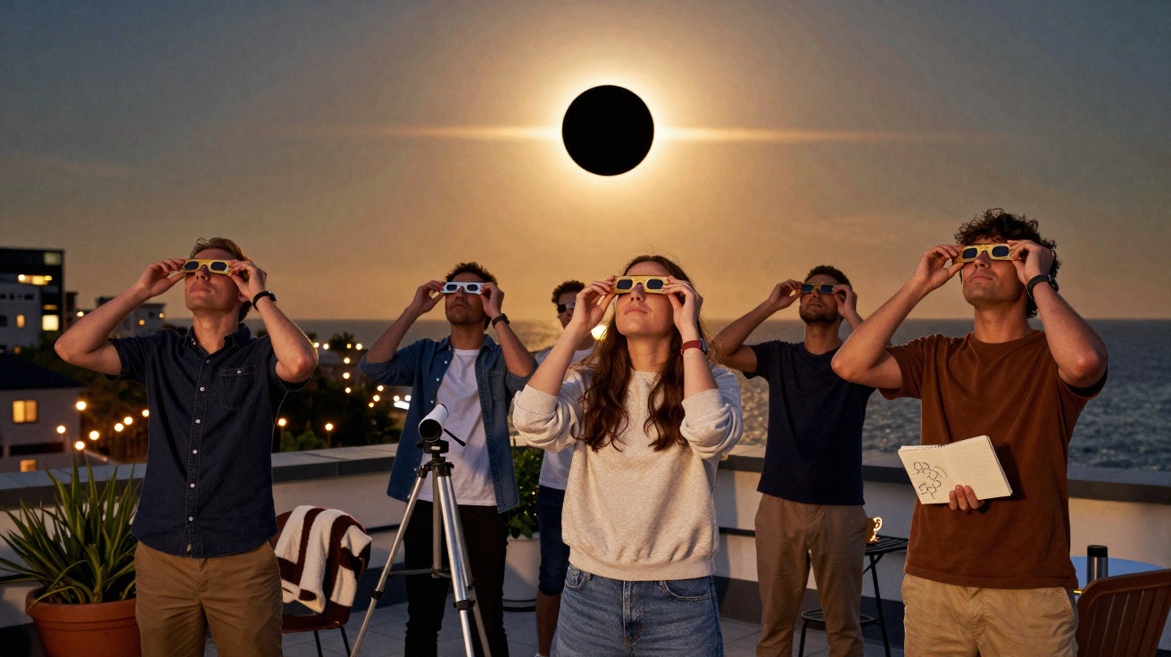 Cinco pessoas observam um eclipse solar com óculos especiais numa varanda ao pôr do sol.