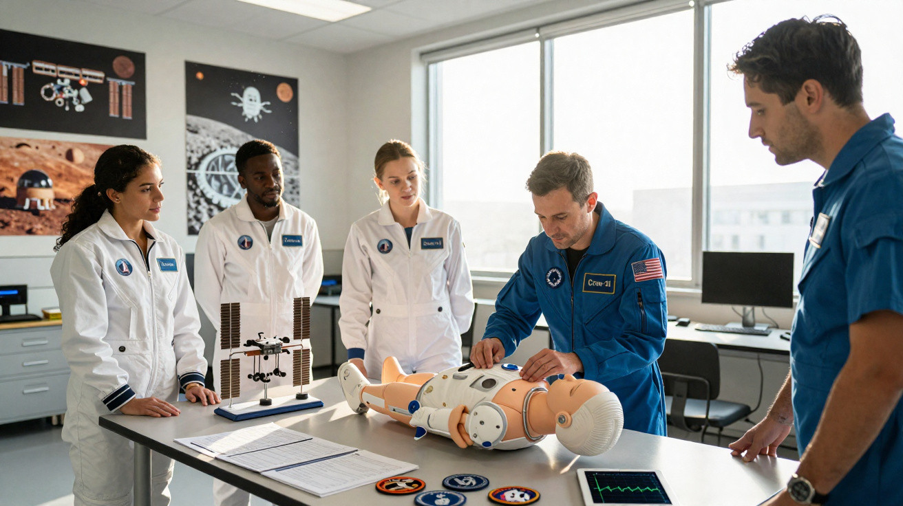 Grupo de astronautas em formação prática com manequim espacial numa sala de treino com modelos e equipamentos.