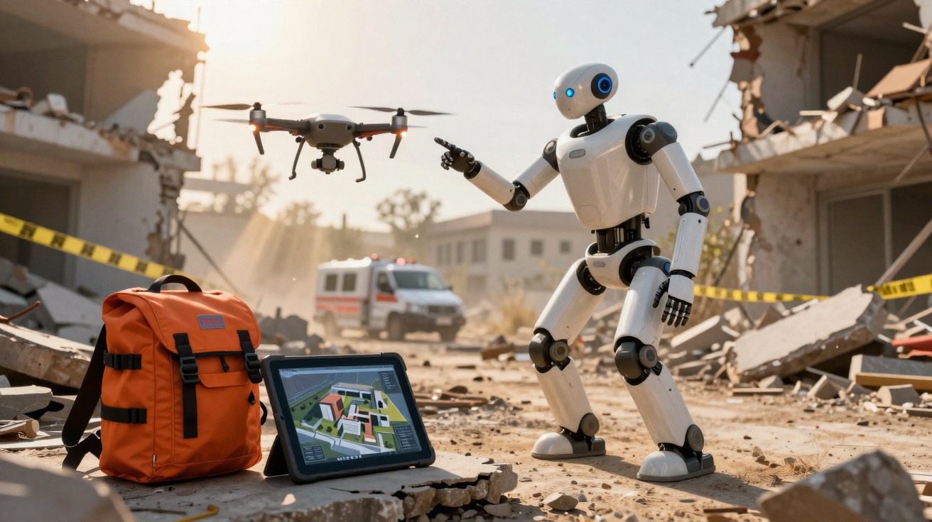 Robô a controlar drone num cenário de destruição com mochila e tablet no chão.