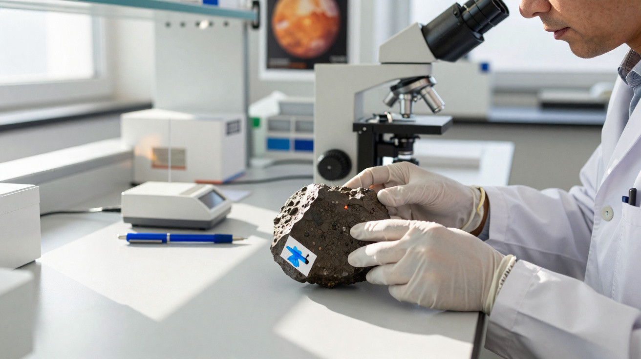 Cientista com luvas analisa amostra de meteorito ao lado de microscópio num laboratório bem iluminado.