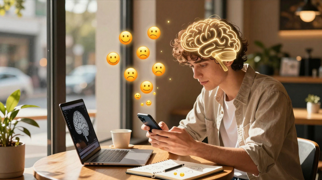 Jovem sentado a usar telemóvel com ilustração de cérebro e emojis de emoções à sua volta.