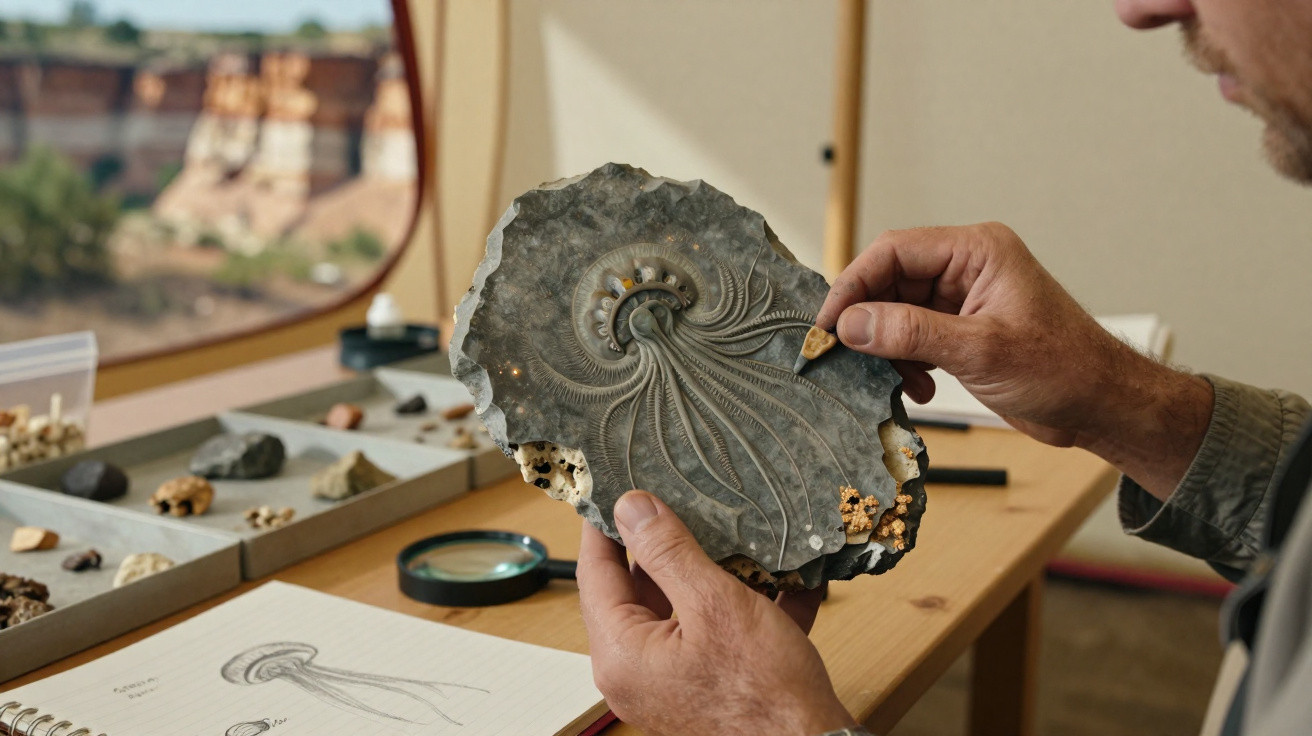 Pessoa a analisar e desenhar um fóssil marinho detalhado numa mesa de trabalho iluminada.