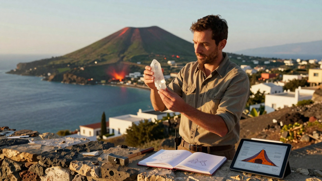 Homem estuda cristal com vulcão em erupção ao fundo, com caderno e tablet numa parede de pedra.