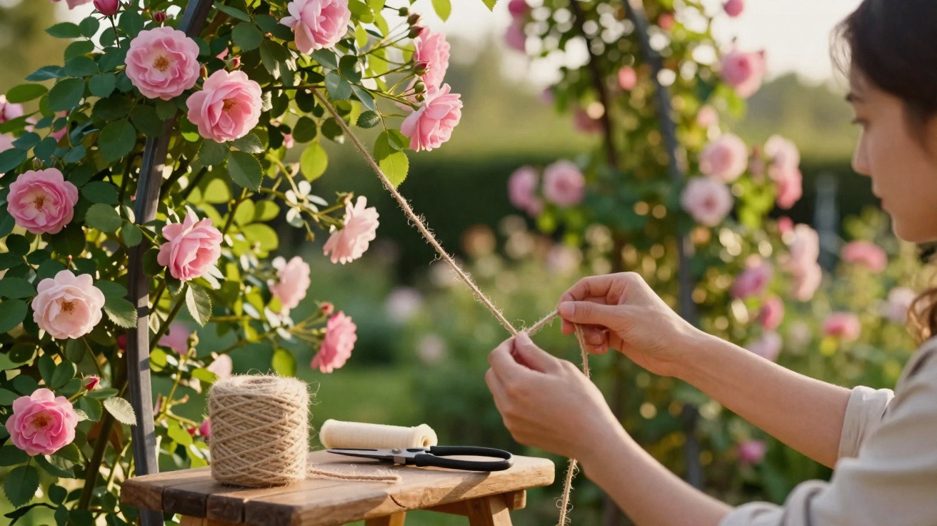 Pessoa a atar corda num arco de rosas cor-de-rosa num jardim ao ar livre ao entardecer.