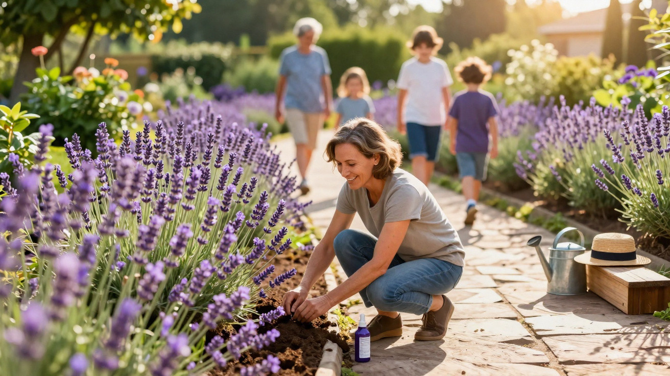 Mulher a cuidar de flores num jardim de lavanda enquanto três crianças passeiam ao fundo.