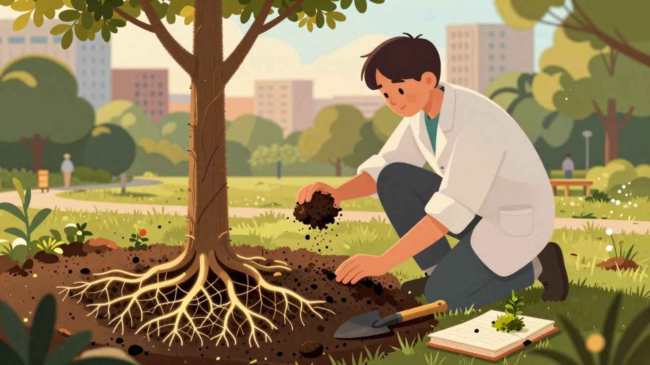 Homem a estudar raízes de árvore num parque com terra, registo e enxada ao lado, em ambiente urbano.