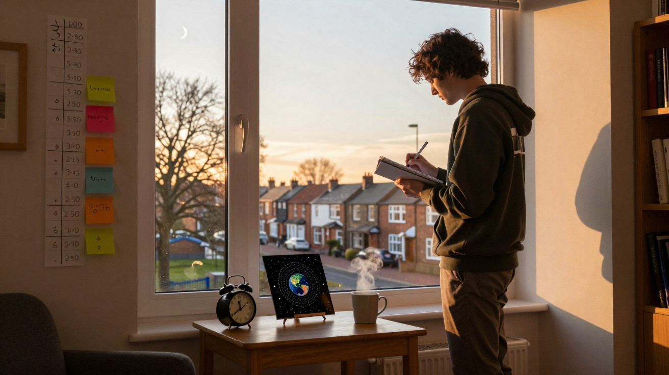 Jovem escreve num caderno junto a uma janela com vista para casas durante o pôr do sol.