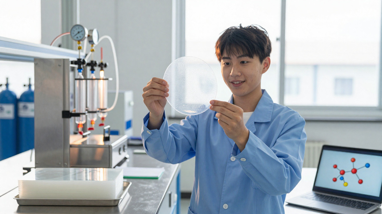 Cientista com bata azul segura amostra redonda transparente num laboratório moderno com equipamento técnico.