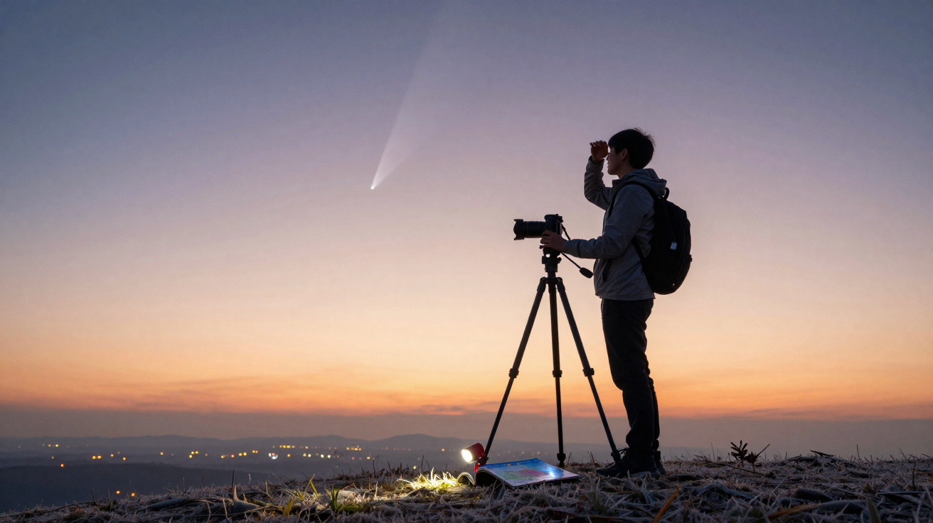 Pessoa com mochila a fotografar um cometa ao pôr do sol com tripé num campo aberto.