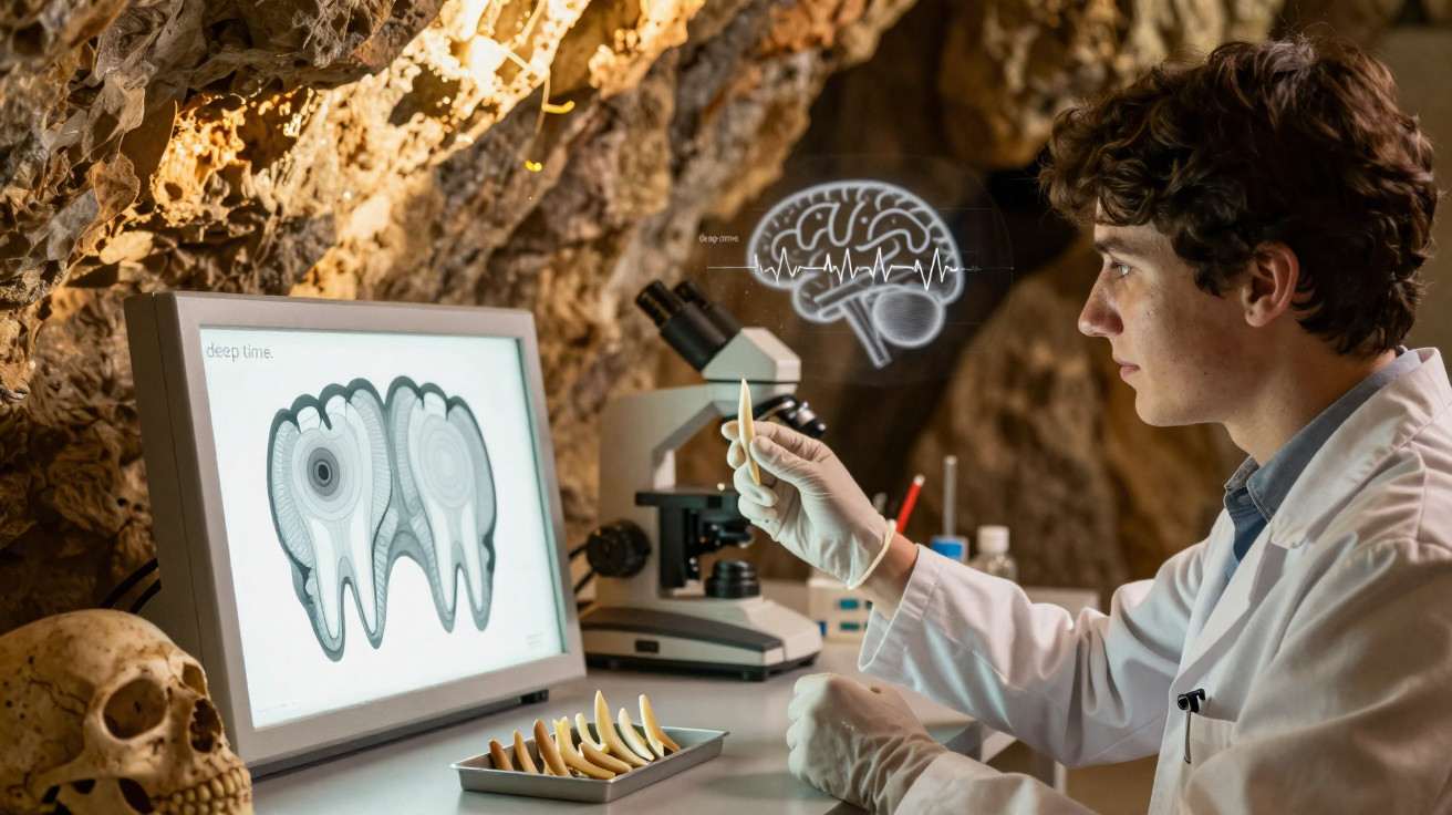 Cientista em laboratório subterrâneo analisa dentes na mão com raios X de dentes na tela e cérebro holográfico.