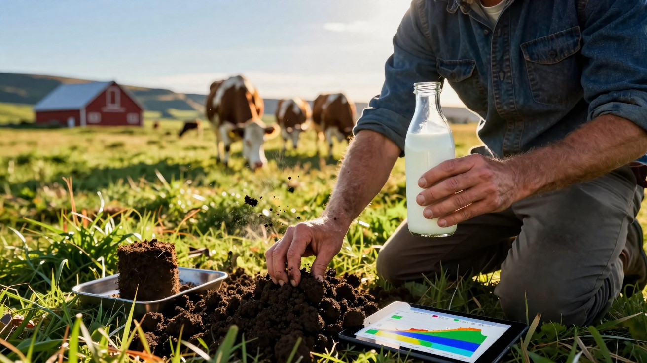 Agricultor analisa terra na quinta com vacas ao fundo segurando garrafa de leite e tablet com gráficos.