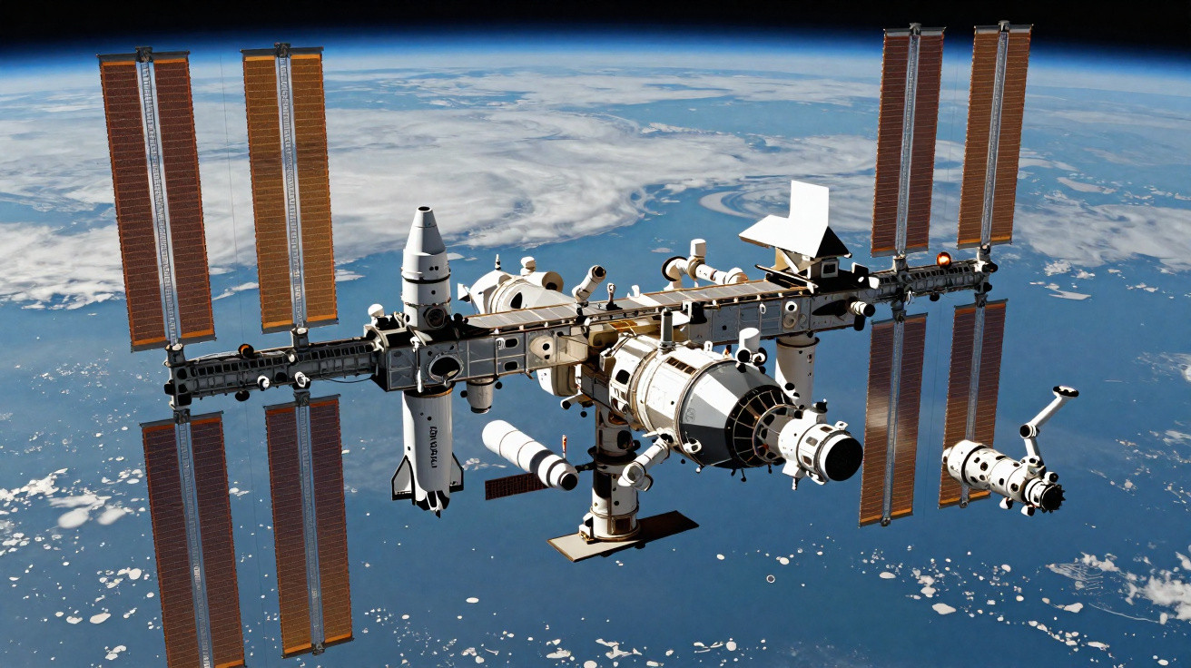 Estação Espacial Internacional em órbita terrestre com painéis solares e a Terra ao fundo.