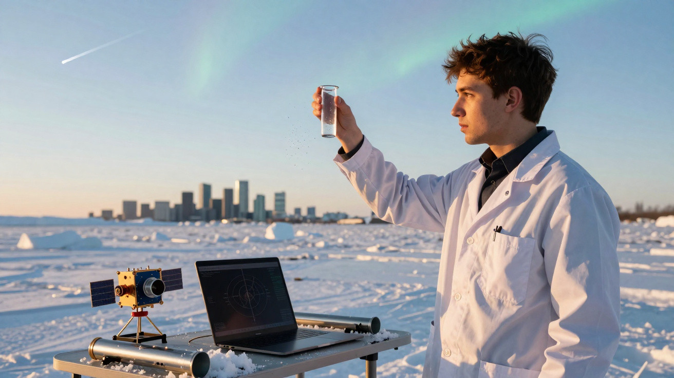 Jovem cientista observa amostra de gelo em laboratório ao ar livre com cidade e céu colorido ao fundo.