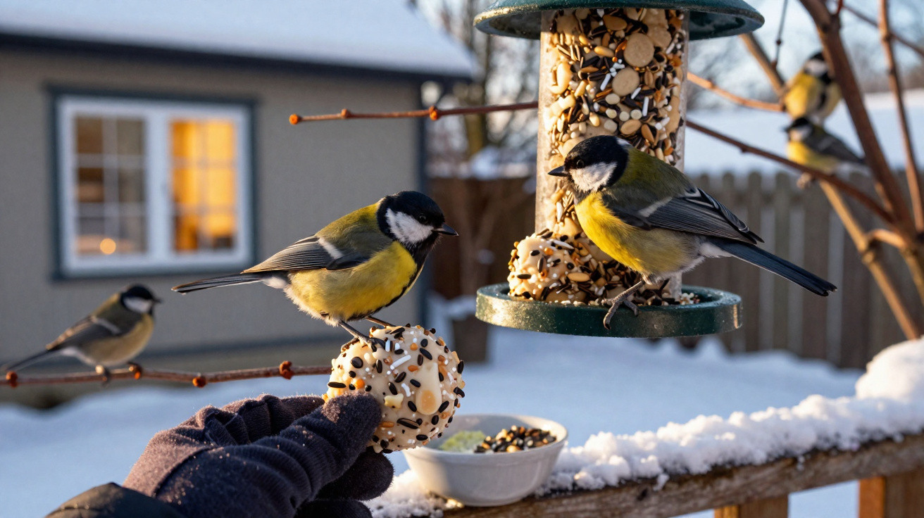 Pássaros alimentando-se de bolas de sementes em comedouro durante inverno com neve num jardim.