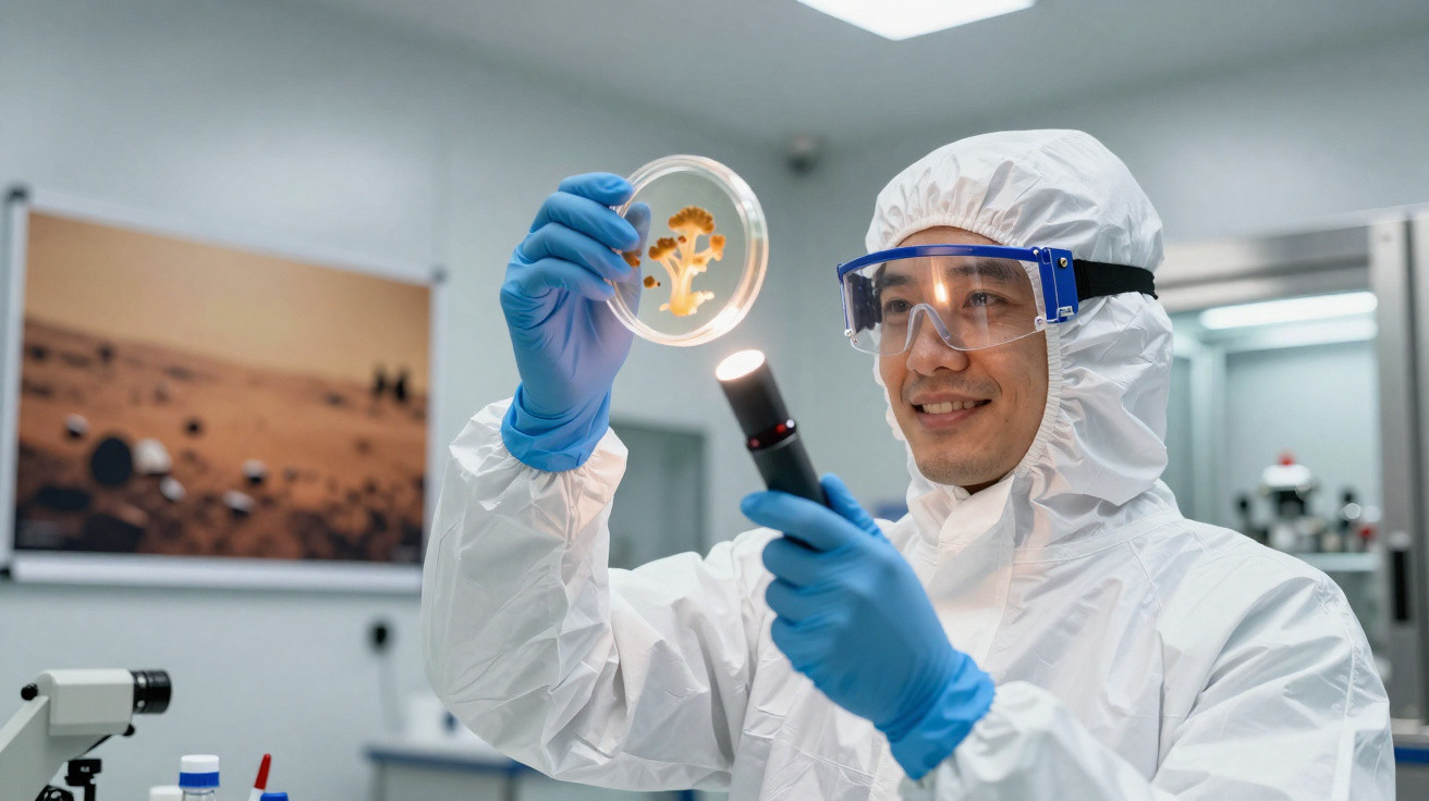 Cientista com proteção a examinar uma placa de Petri com cultura de fungos num laboratório.