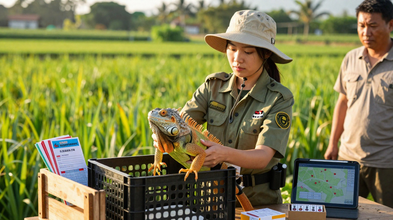 Mulher em uniforme a segurar uma iguana laranja num campo, com homem e equipamento de pesquisa ao fundo.