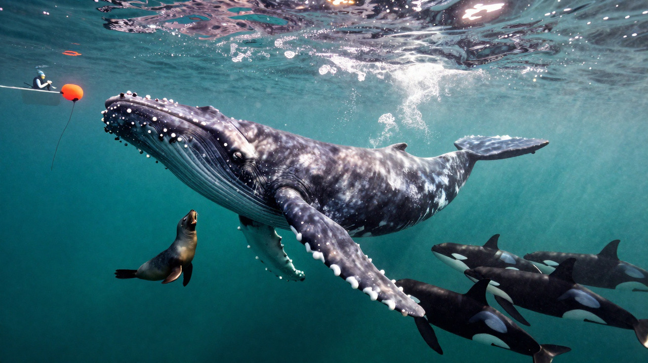 Baleia-jubarte, leão-marinho e grupo de orcas a nadar juntos debaixo de águas claras.