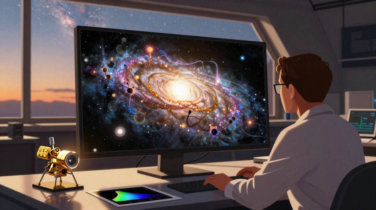 Homem a observar uma galáxia em ecrã de computador num laboratório com janela para o céu ao entardecer.