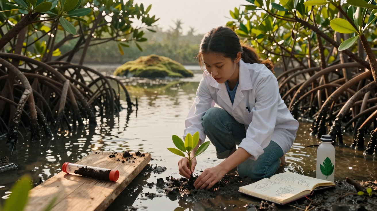 Jovem cientista planta muda de árvore num ecossistema de mangue para estudo ambiental.
