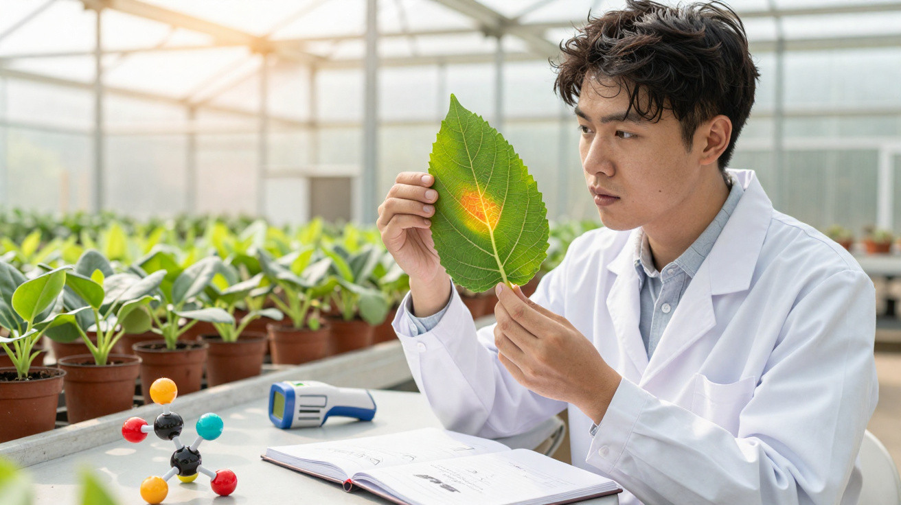 Cientista agrónomo examina folha com mancha amarela numa estufa cheia de plantas em vasos.