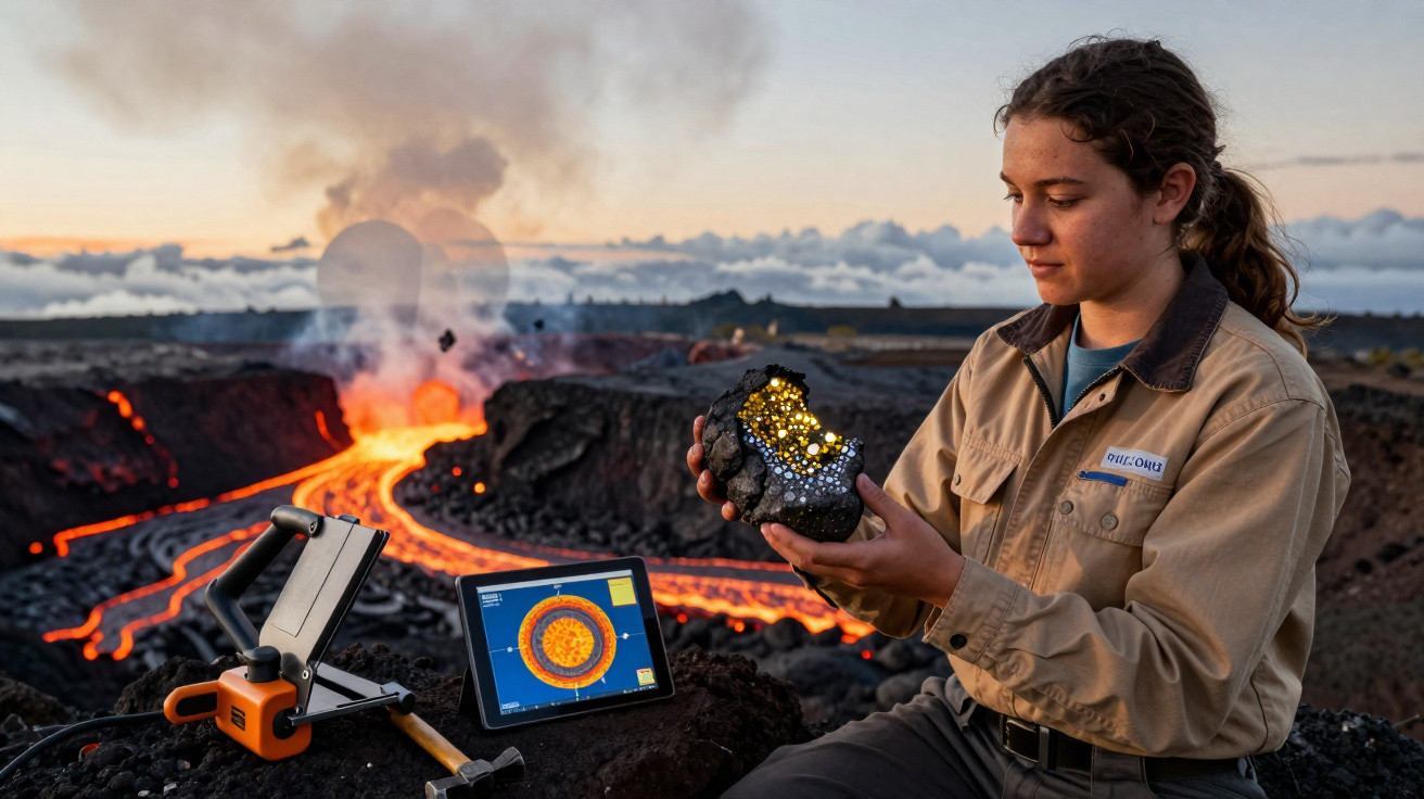 Geóloga segura rocha luminosa junto a vulcão em erupção com lava e equipamentos de análise científica.