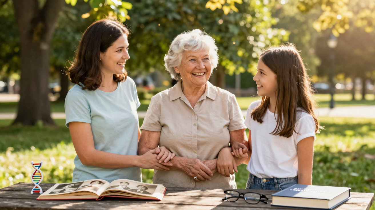 Três gerações de mulheres sorrindo e conversando num parque, com livro de genealogia e DNA na mesa.