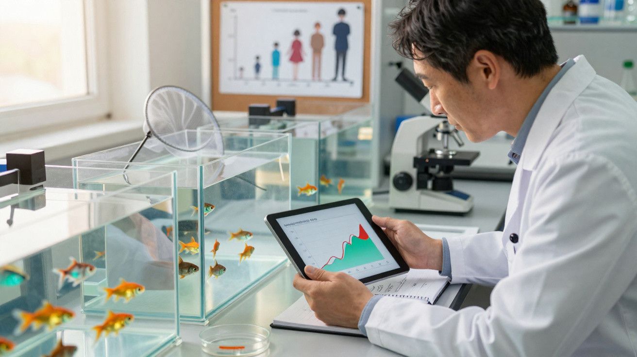 Cientista num laboratório a analisar gráficos numa tablet perto de aquários com peixes dourados.