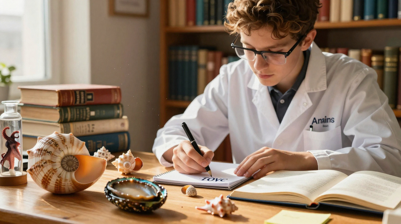 Jovem cientista de bata branca examina conchas marinhas e escreve num caderno numa biblioteca.