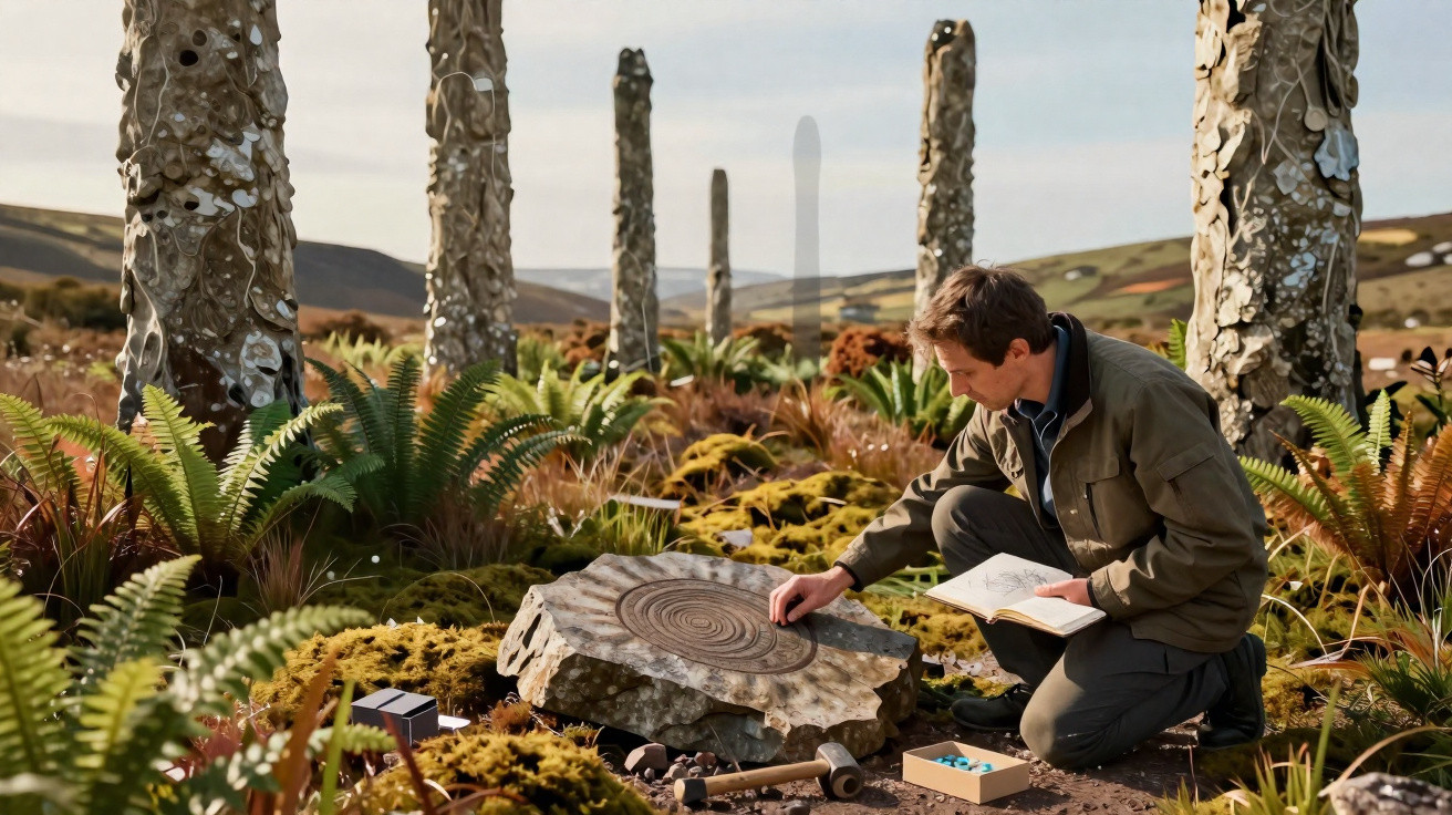 Homem a estudar gravação em pedra rodeada por colunas cobertas de conchas e vegetação num campo aberto.