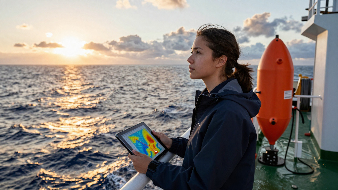 Mulher a bordo de um barco observa o mar ao pôr do sol segurando um tablet com mapa térmico.