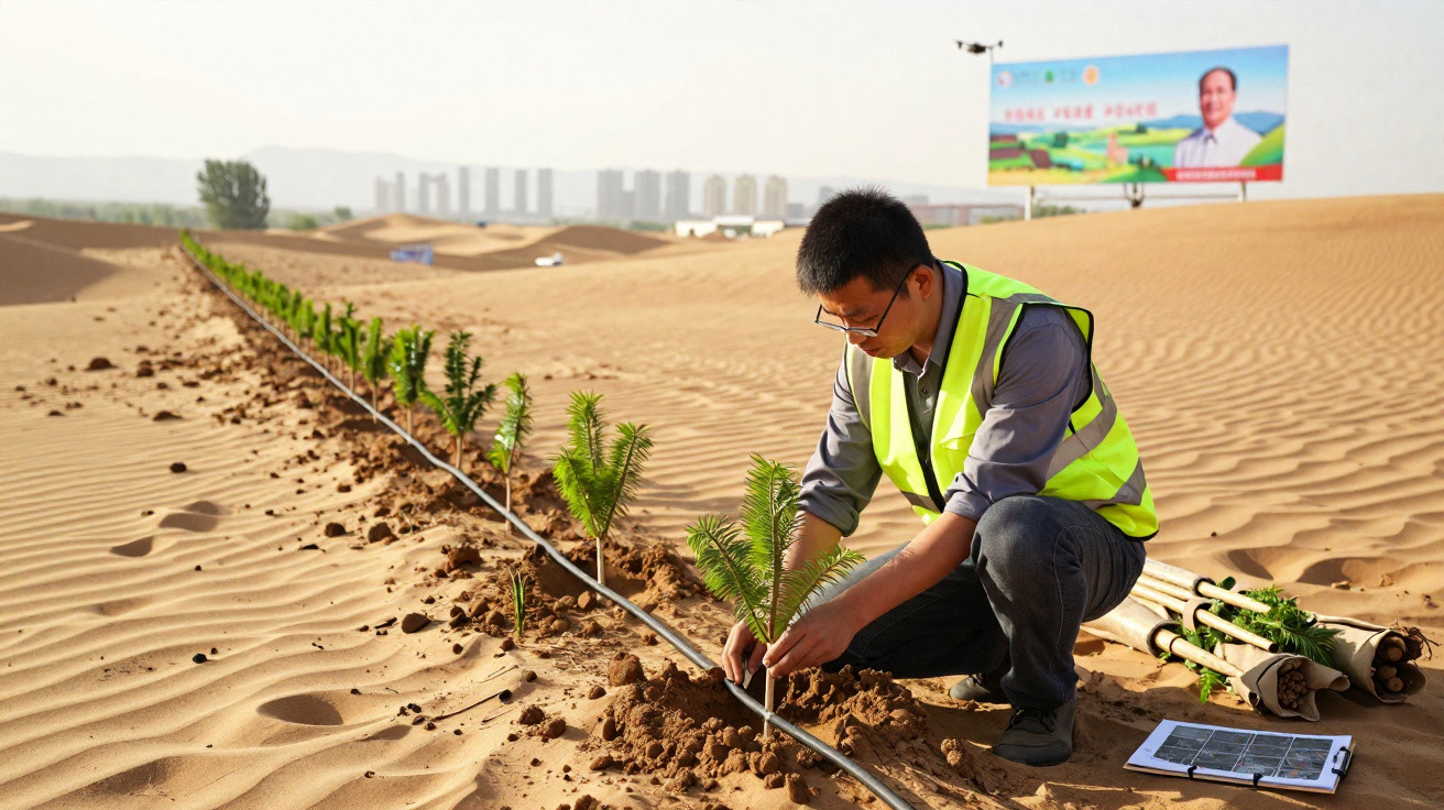 Homem com colete fluorescente planta árvores jovens num deserto com cidade ao fundo e rega por gotejamento.