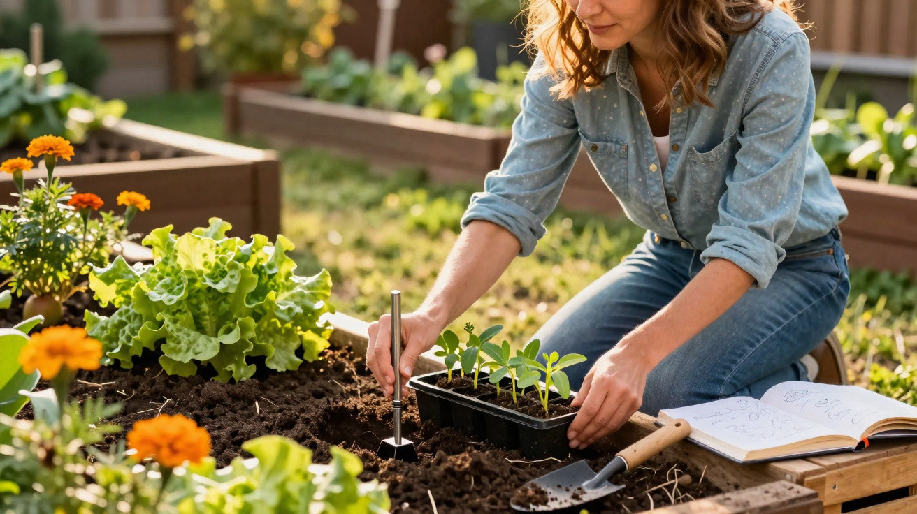 Mulher a plantar mudas numa horta com rega manual e livro aberto ao lado, em ambiente exterior.