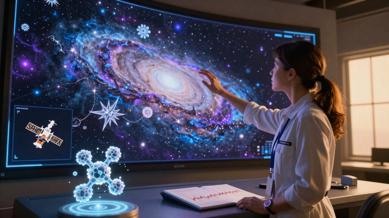 Mulher cientista interage com ecrã digital a mostrar galáxia, estação espacial e modelo molecular em laboratório.