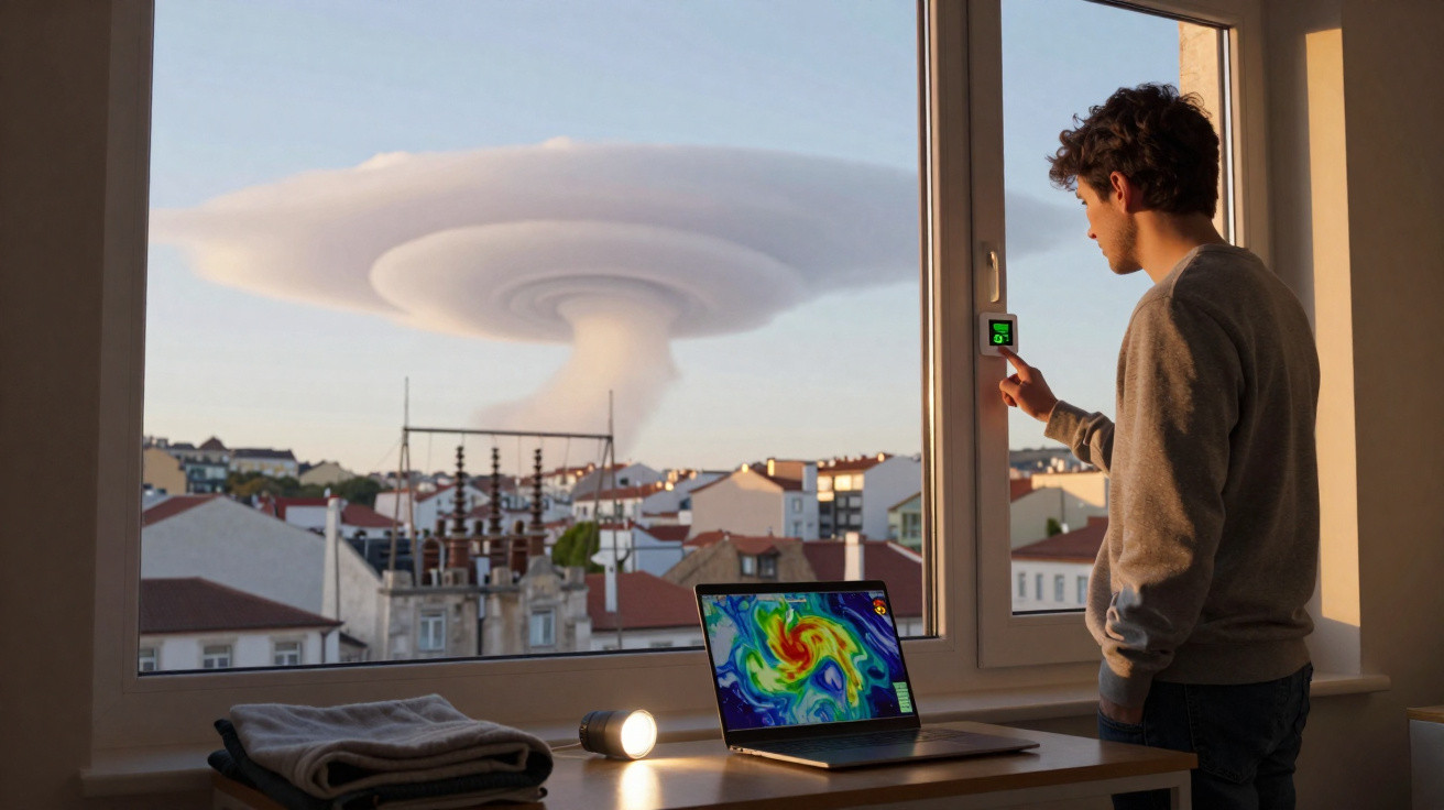 Homem junto à janela controla dispositivo enquanto observa nuvem em forma de cogumelo sobre cidade.