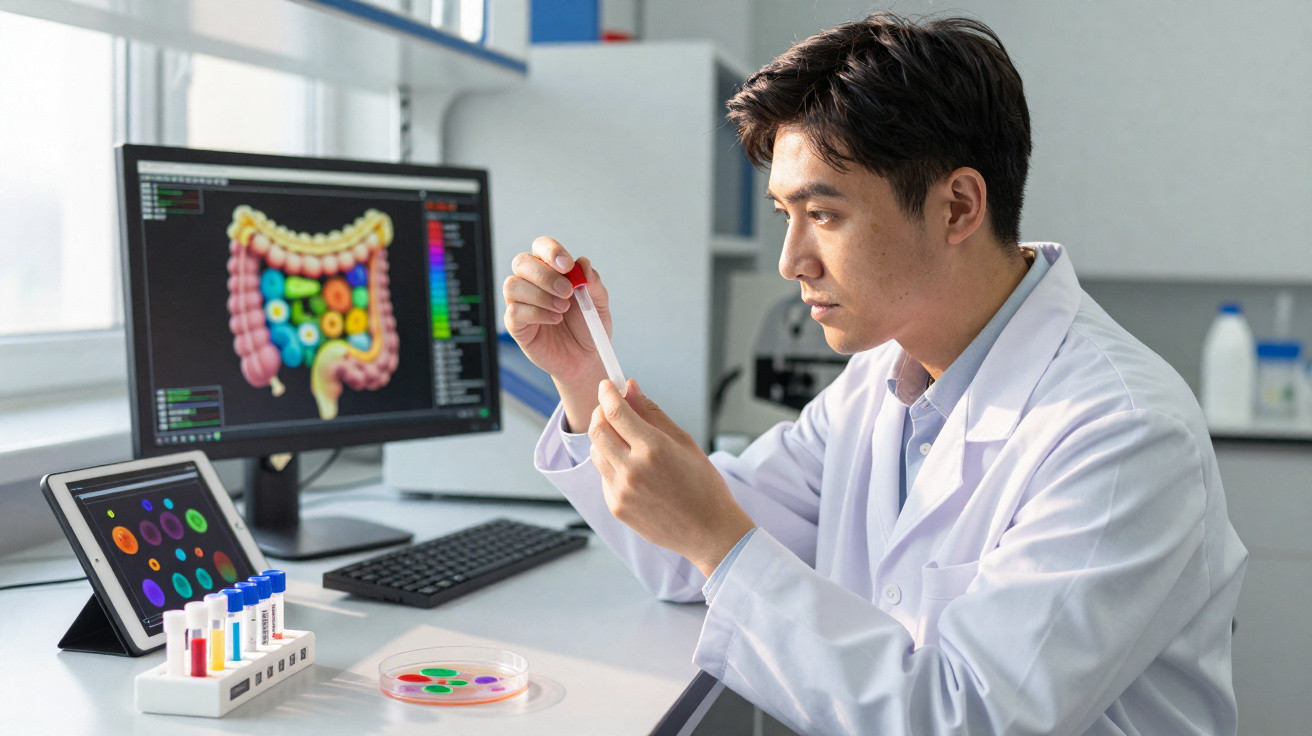 Cientista em laboratório analisa amostra com imagens de intestino humano em ecrãs de computador.